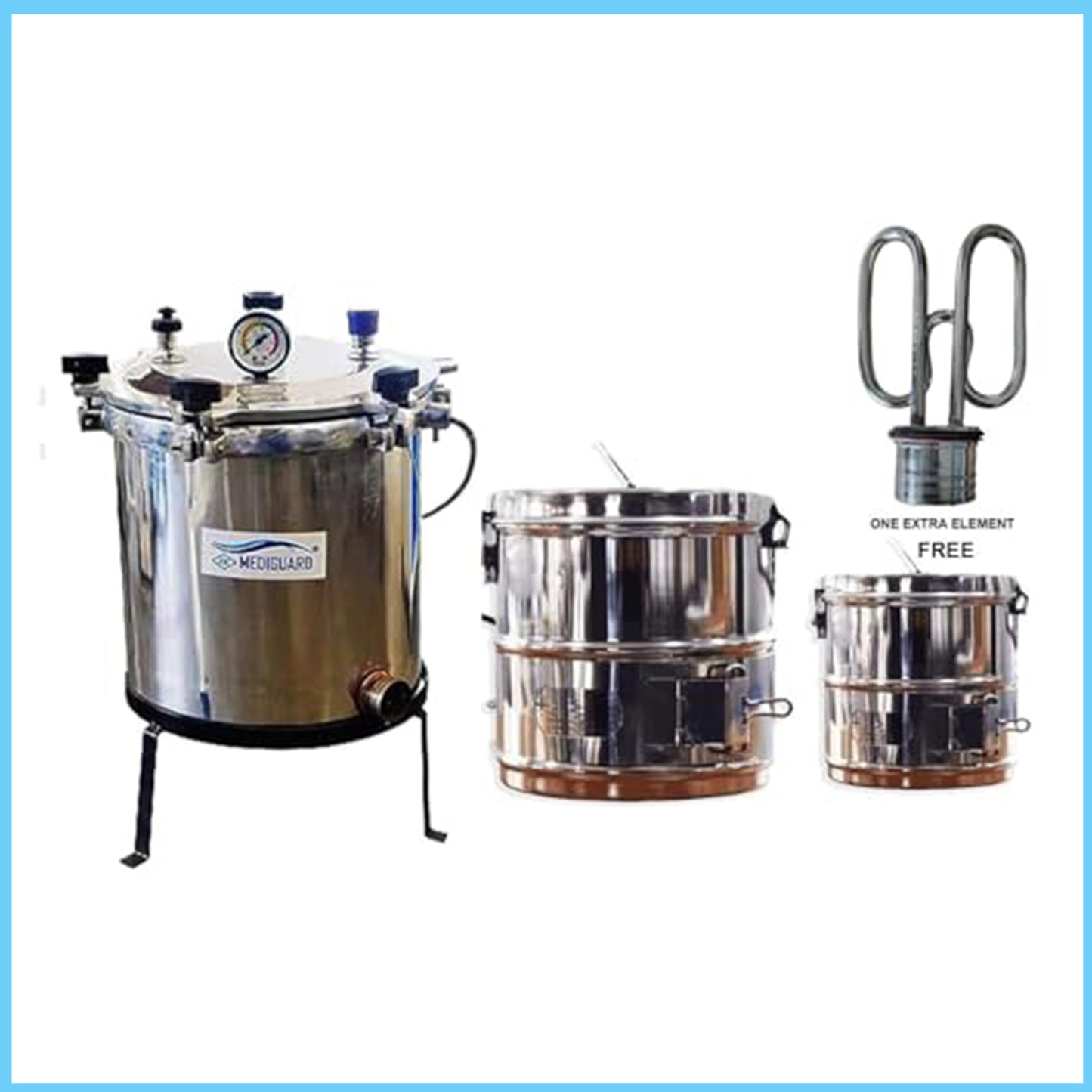 MEDIGUARD Autoclave Six Wing Nut Electric 12"x12" Capacity 21L & Dressing Drums 11"x9" & 9"x9"Combo with 1 Extra Element Free