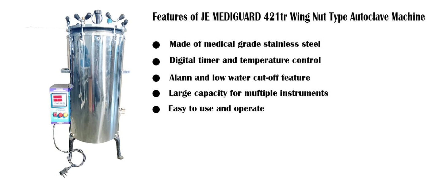 MEDIGUARD Digital Wing Nut Autoclave Aluminium Mirror Finish Six Wing Nut Digital Electrical Vertical Autoclave Size. (42 Litres 12" X 22" Inch) With One Year Warranty II Digital II Digital Autoclave