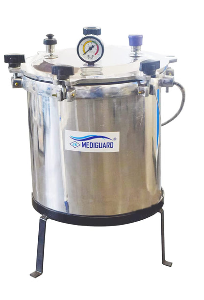 MEDIGUARD Aluminium Mirror Finish Six Wing Nut Vertical Autoclave Pressure Nut Type, Non-Electric (External Fuel Heated), Capacity Approx. 21 Ltrs. (Size Approx. 12" Dia. X 12" H) Without Element