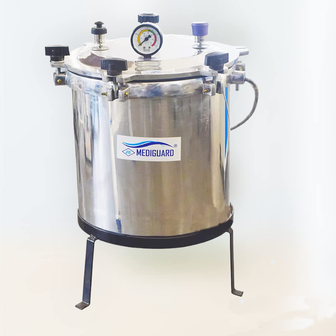 MEDIGUARD Aluminium Mirror Finish Six Wing Nut Vertical Autoclave Pressure Nut Type, Non-Electric (External Fuel Heated), Capacity Approx. 21 Ltrs. (Size Approx. 12" Dia. X 12" H) Without Element