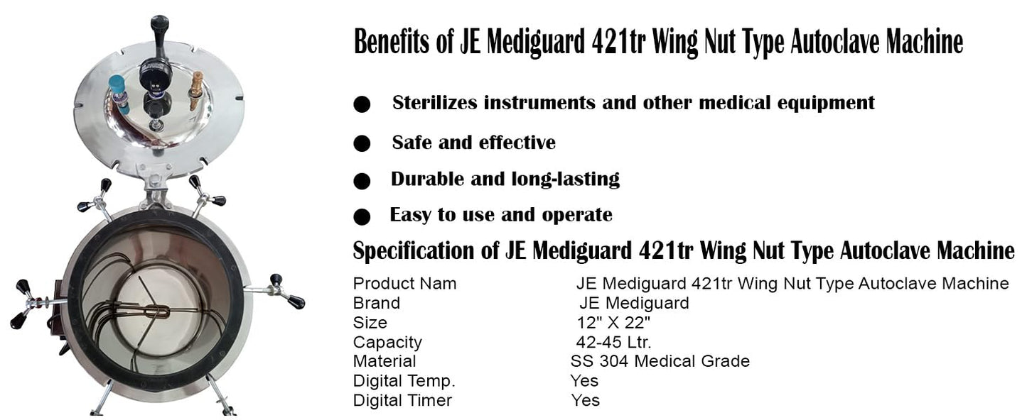 MEDIGUARD Digital Wing Nut Autoclave Aluminium Mirror Finish Six Wing Nut Digital Electrical Vertical Autoclave Size. (42 Litres 12" X 22" Inch) With One Year Warranty II Digital II Digital Autoclave