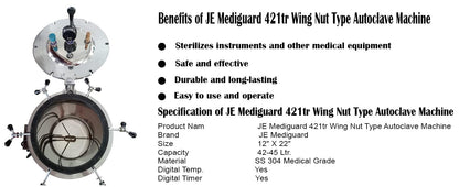 MEDIGUARD Digital Wing Nut Autoclave Aluminium Mirror Finish Six Wing Nut Digital Electrical Vertical Autoclave Size. (42 Litres 12" X 22" Inch) With One Year Warranty II Digital II Digital Autoclave