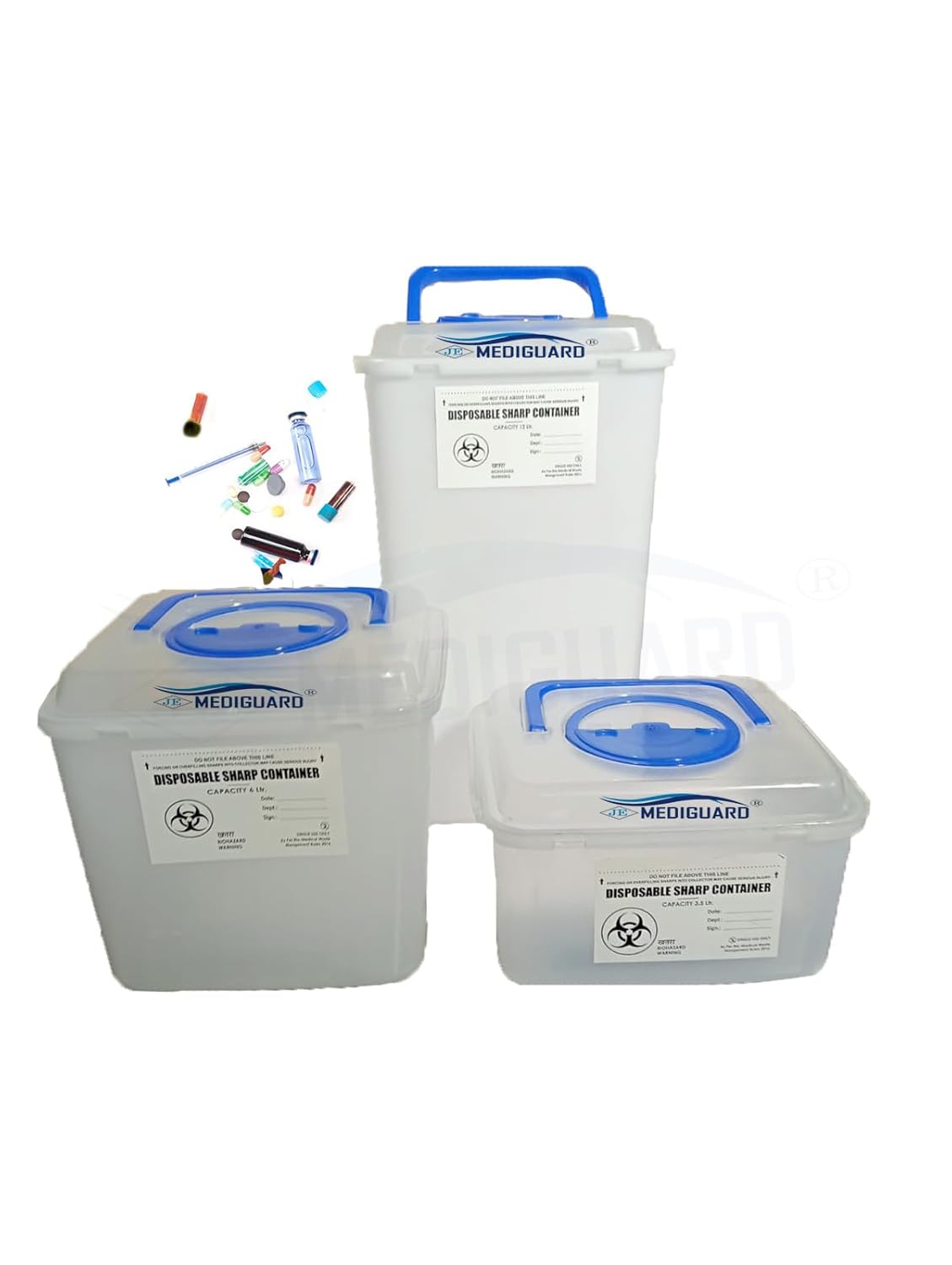 MEDIGUARD Medical Lab Sharps Containers | Bio-hazard | Sharps Containers For Hospitals And Medical Labs | Bio-Medical Sharps Container Puncture Proof Box (1.5 | 3.5 | 6 Liters) Combo Pack Of 3