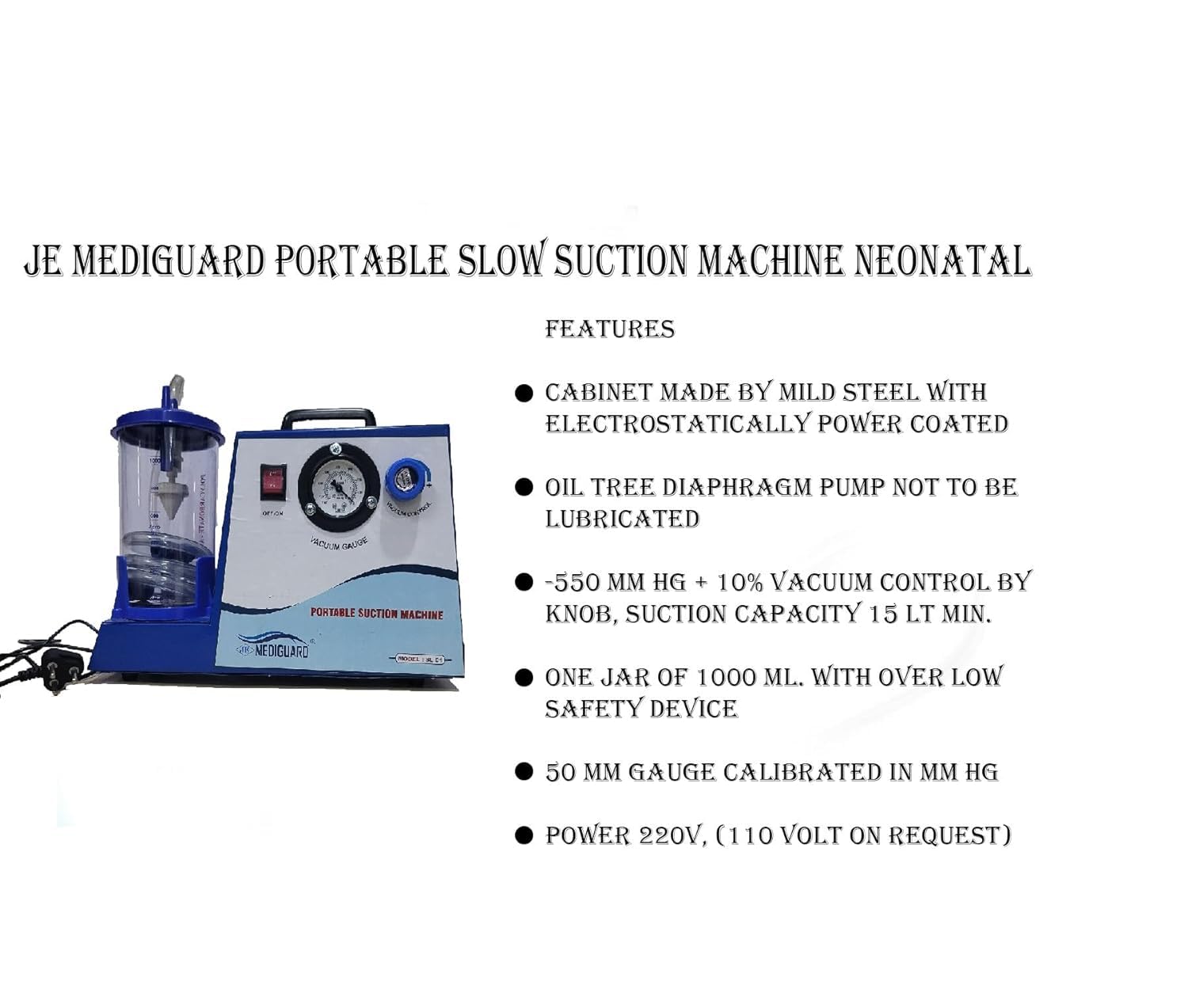 MEDIGUARD Surgical Portable Phlegm Suction Machine with Unbreakable Polycarbonate Jar Hospital, Clinic, Dentist, Portable Suction Machine with 1L Jar, Clinic, Dentist and Hospital with 1 Year Warranty