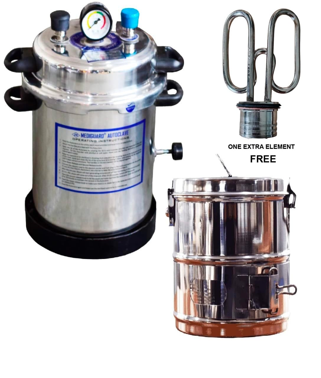 MEDIGUARD Autoclave Cooker Electric 13L (9" D x 11.5" H) with Dressing Drum Jointed 8"x8" and with 1 Extra Element Free