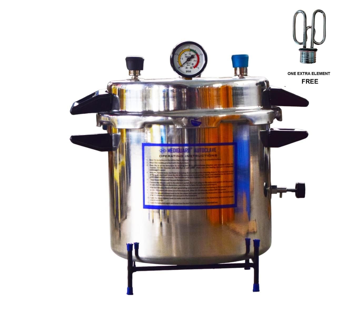 MEDIGUARD Autoclave Sterilizer Aluminium Pressure Cooker Type in Mirror Finish Capacity 21L & Size 12" Dia X 12" H 1 Eaxtra Element Free