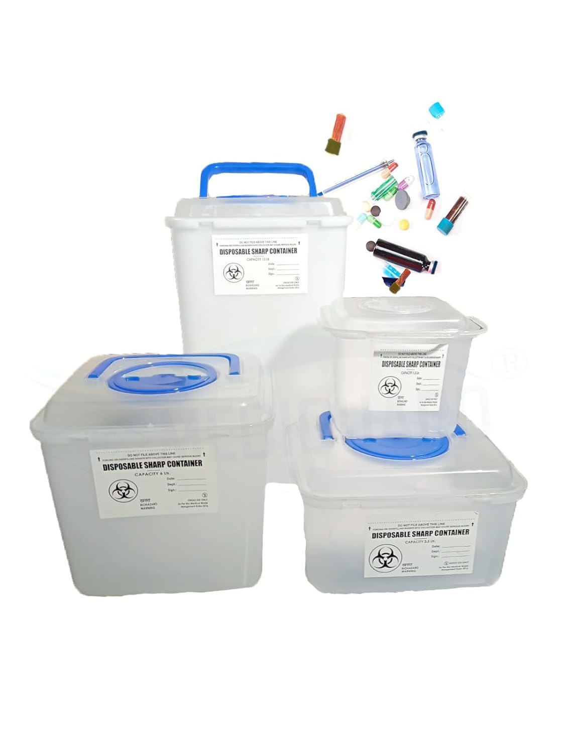 MEDIGUARD Medical Sharp Containers | Bio-hazard | Bio-Medical Sharps Container Puncture Proof Box (1.5 | 3.5 | 6 | 12 Liters) Combo Pack Of 4