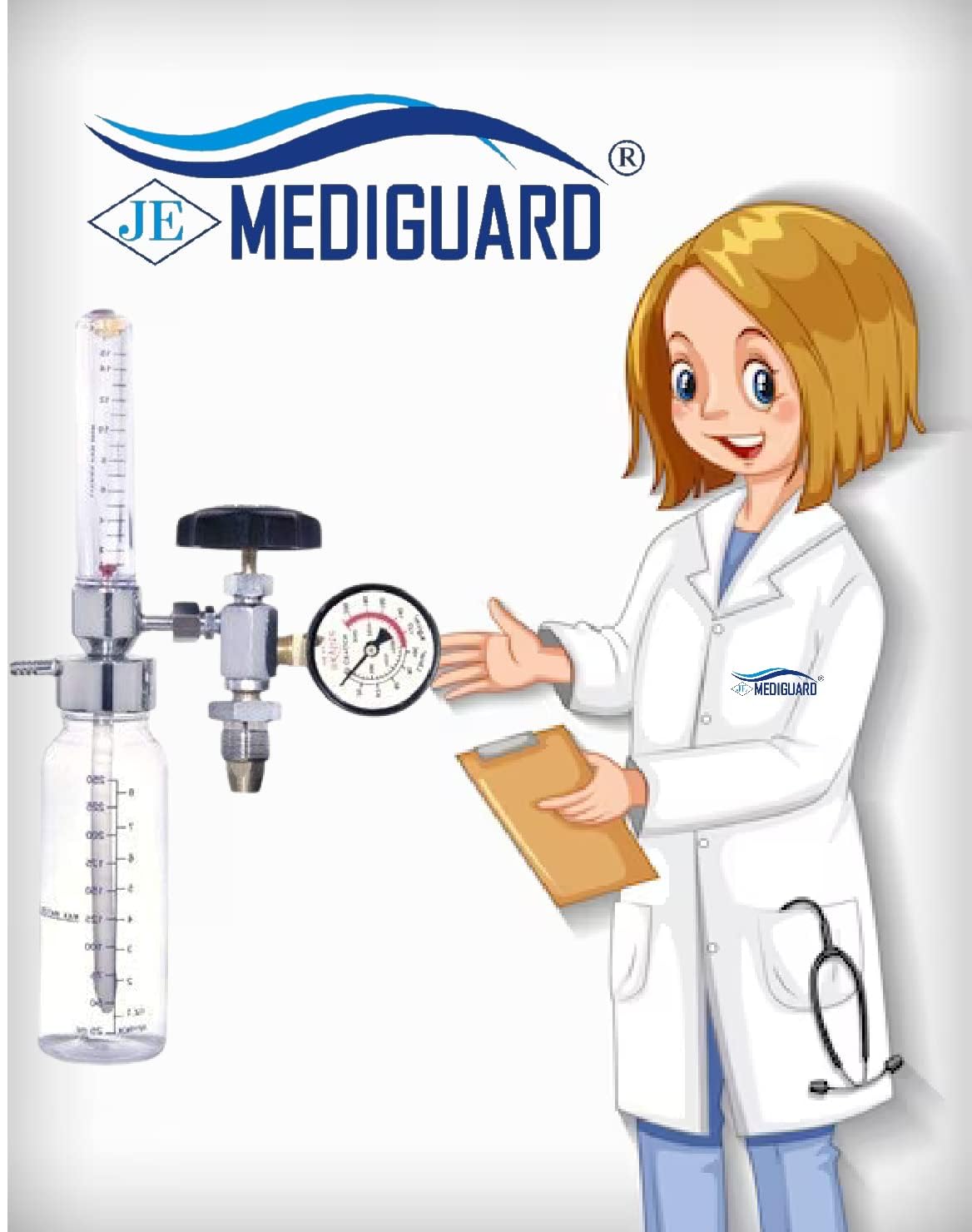 MEDIGUARD Oxygen Flowmeters For Cylinders and Hospitals (FA VALVE FOR CYLINDER) lve With Regulator | Oxygen Flow Meter With Rotameter & Humidifier Bottle