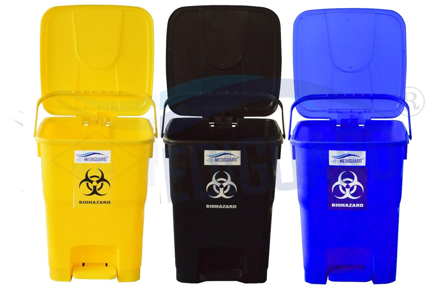 MEDIGUARD Bio_Medical_Plastic_Pedal_Dustbin_20Ltr_SET OF 3_(BLUE, BLACK & YELLOW)