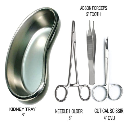 MEDIGUARD Instrument CE Needle Holder, Adsion Forceps, Iris Scissor With Kidney Tray 8" | Suture Set & Kidney Tray (Kidney Tray with Suturing Set), stainless steel