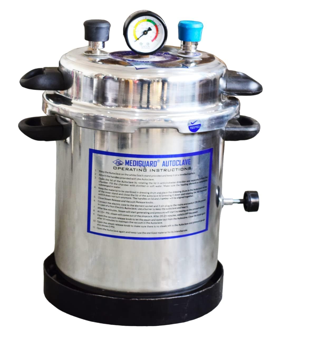 MEDIGUARD Autoclave Cooker Electric 13L (9" D x 11.5" H) with Dressing Drum Jointed 8"x8" and with 1 Extra Element Free