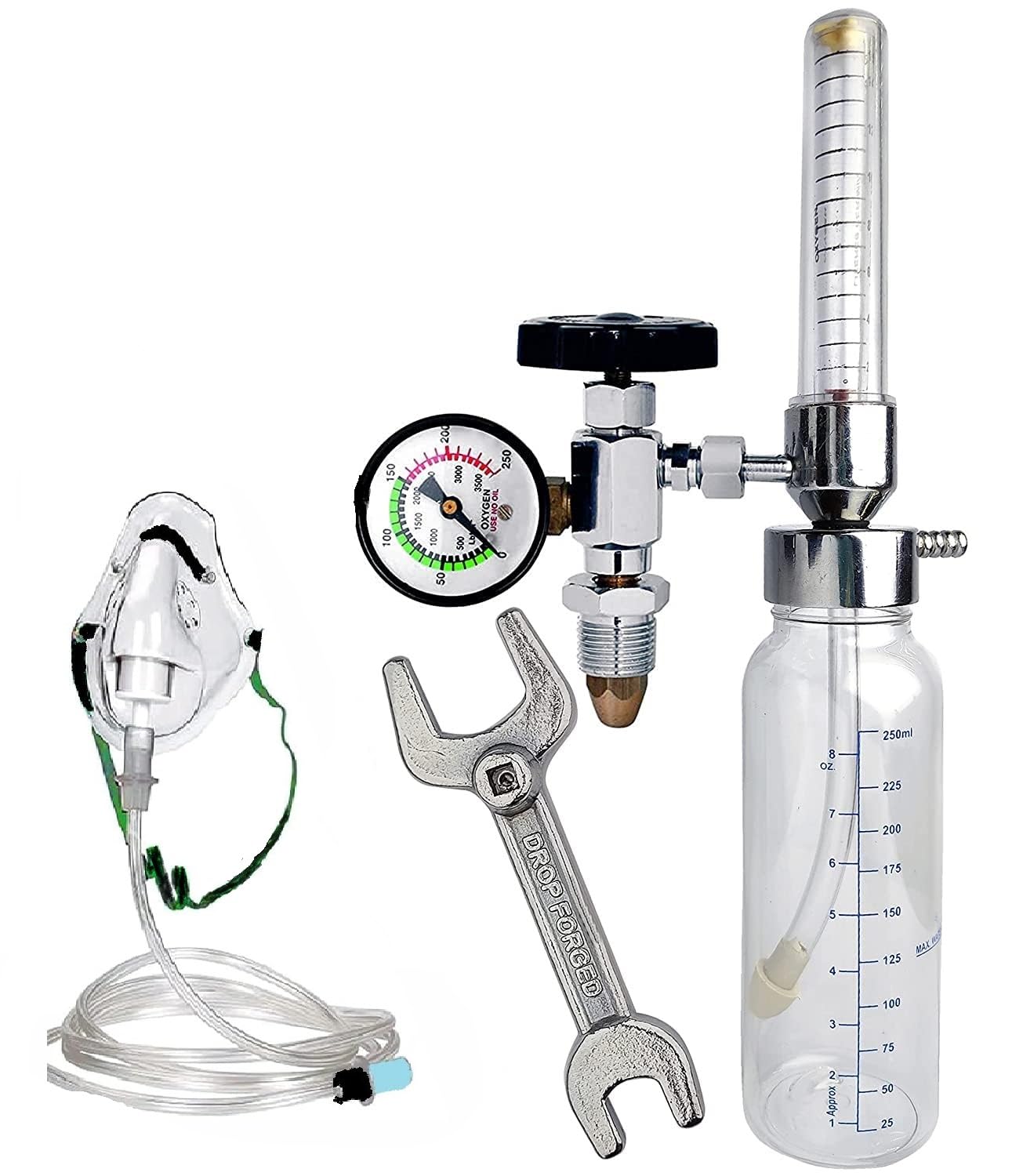 MEDIGUARD Oxygen Flowmeter for Cylinder with Rotameter & Humidifier Bottle with Oxygen Cylinder Key & Oxygen Mask Adult