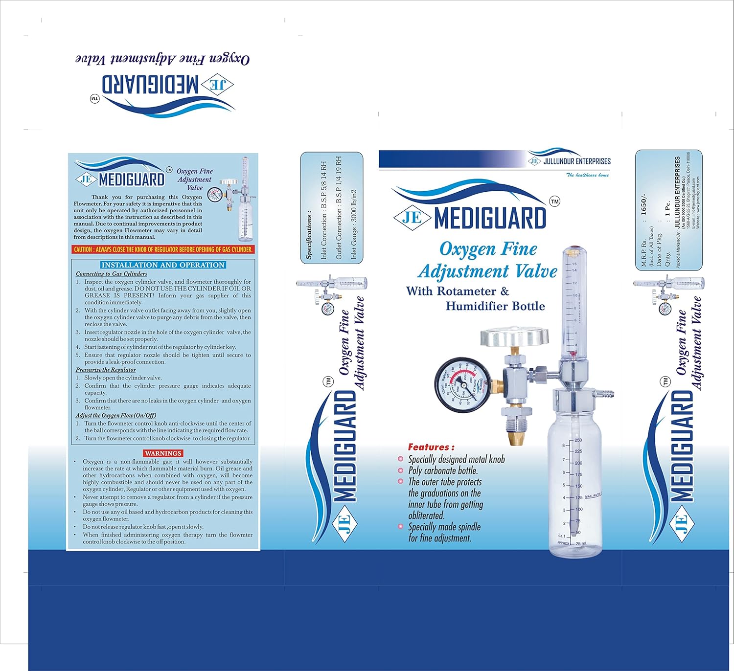 MEDIGUARD Oxygen Flowmeters For Cylinders and Hospitals (FA VALVE FOR CYLINDER) lve With Regulator | Oxygen Flow Meter With Rotameter & Humidifier Bottle