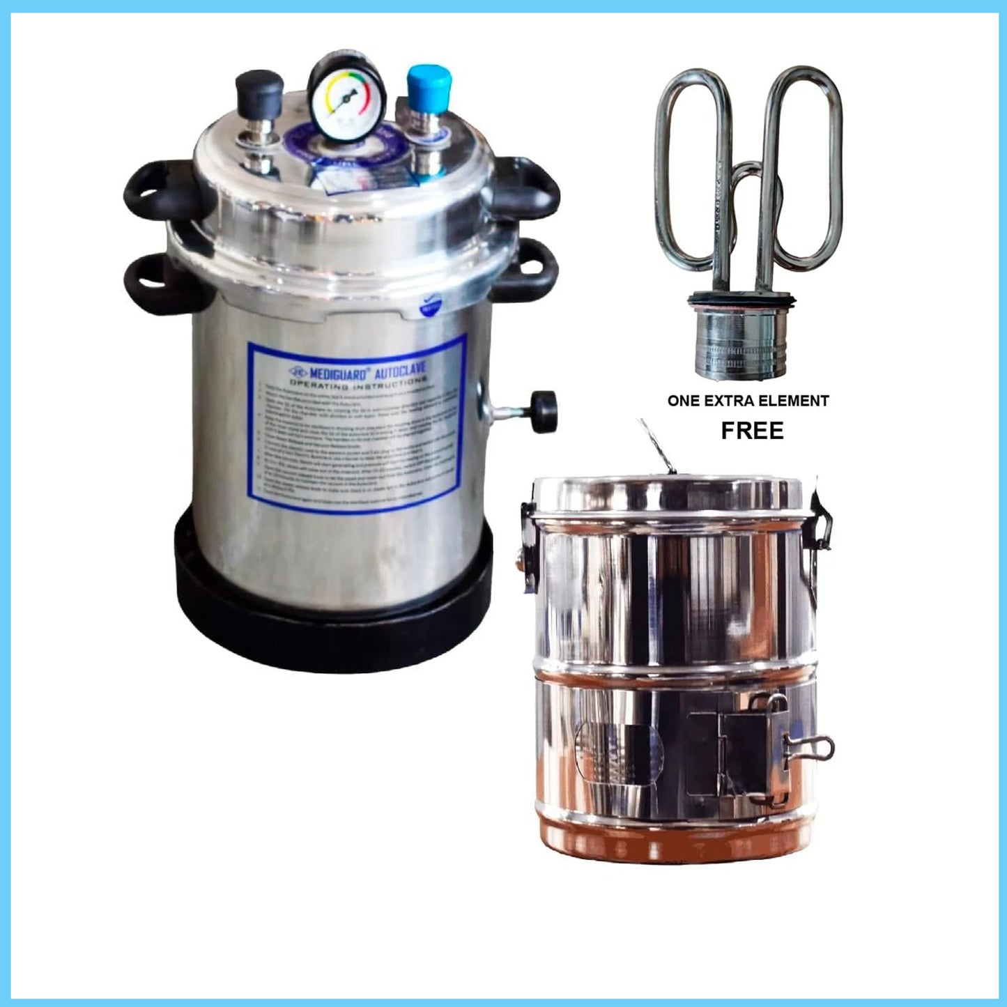 MEDIGUARD Autoclave Cooker Electric 13L (9" D x 11.5" H) with Dressing Drum Jointed 8"x8" and with 1 Extra Element Free