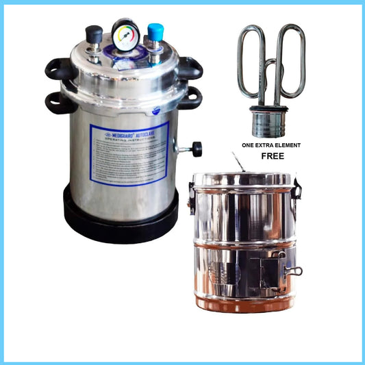 MEDIGUARD Autoclave Cooker Electric 13L (9" D x 11.5" H) with Dressing Drum Jointed 8"x8" and with 1 Extra Element Free