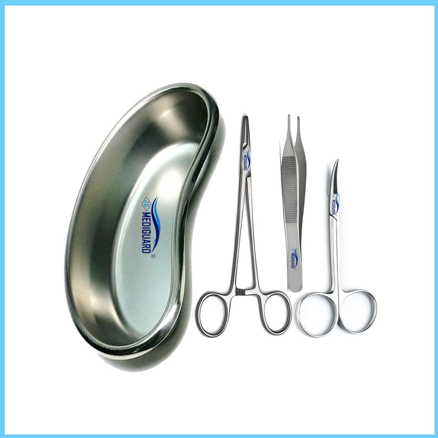 MEDIGUARD Instrument CE Needle Holder, Adsion Forceps, Iris Scissor With Kidney Tray 8"(Kidney Tray with Suturing Set)SS